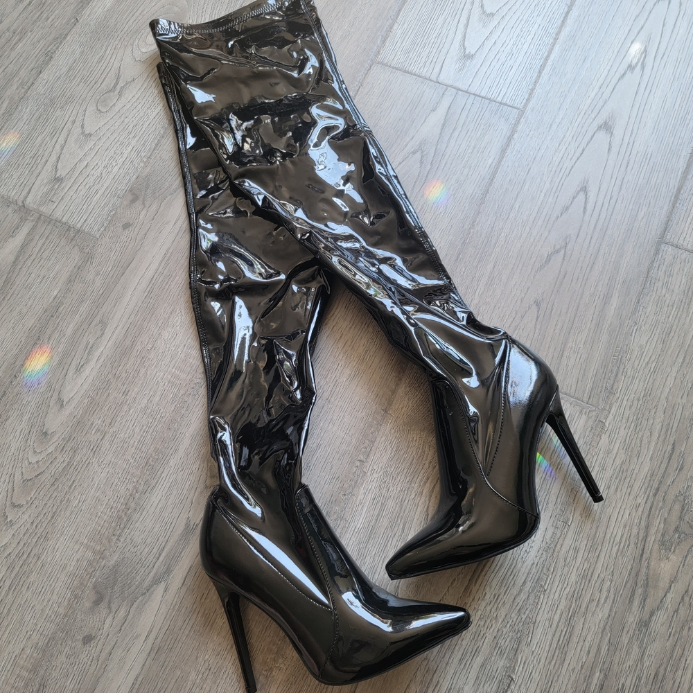 Glossy Black Patent Stiletto Heel Boots